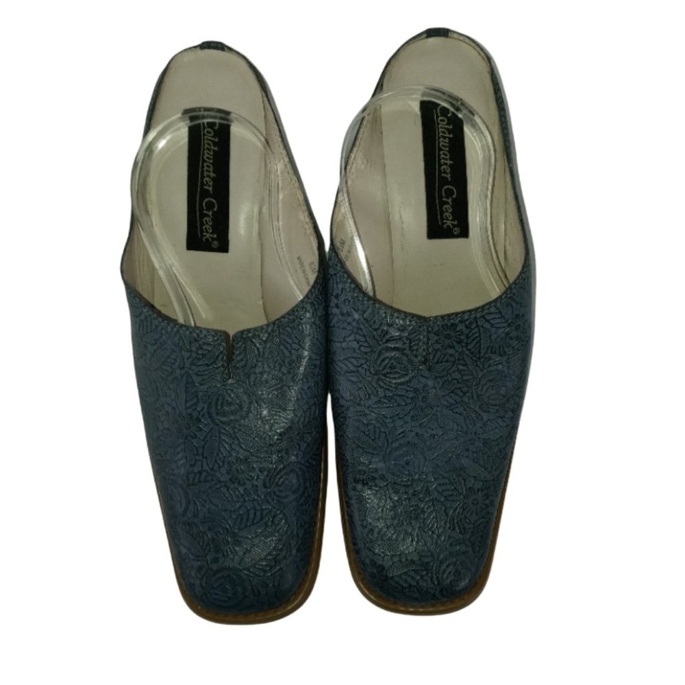 Coldwater Creek Mules Blue Floral Embossed Slip On Shoes Women's Size 8.5